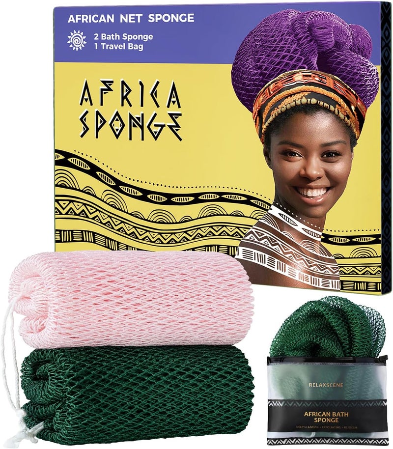 RelaxScene Afro Scrubber African Net Sponge - 2 Pieces Authentic African Wash Cloths - Exfoliating Body Sponges for Showering Forest & BabyPink - Back Scrub Exfoliator Shower Loofah for Body Bath Accessories - Image 1